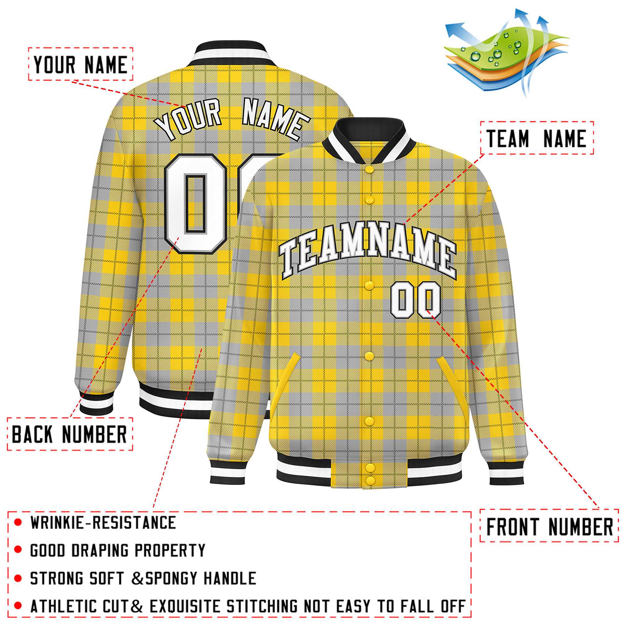 Custom Gold Gray Varsity Full-Snap Plaid Pattern Letterman Baseball Jacket