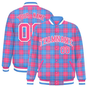 Custom Powder Blue Pink Varsity Full-Snap Plaid Pattern Letterman Baseball Jacket