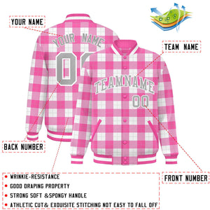 Custom Pink White Varsity Full-Snap Plaid Pattern Letterman Baseball Jacket