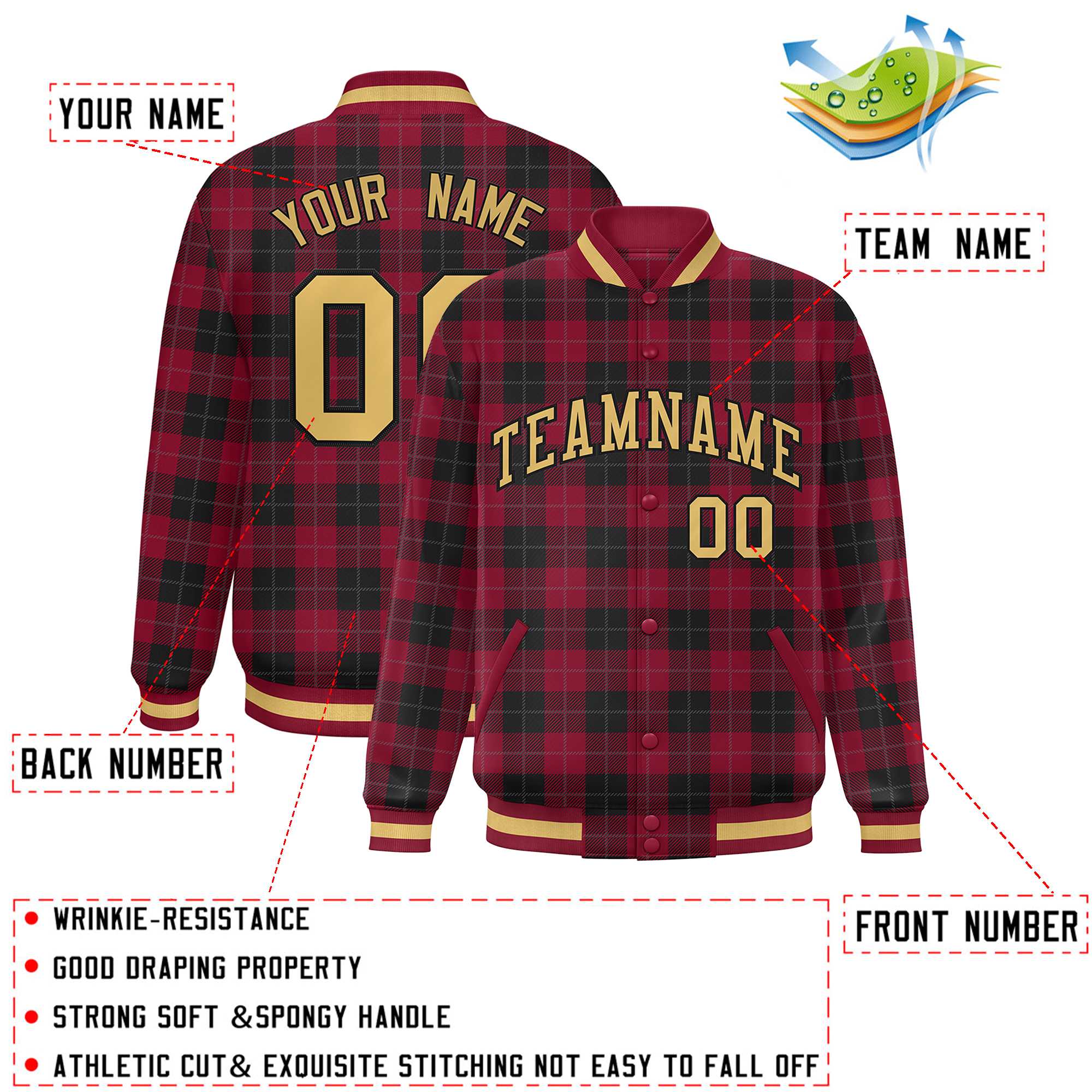 Custom Red Black Varsity Full-Snap Plaid Pattern Letterman Baseball Jacket