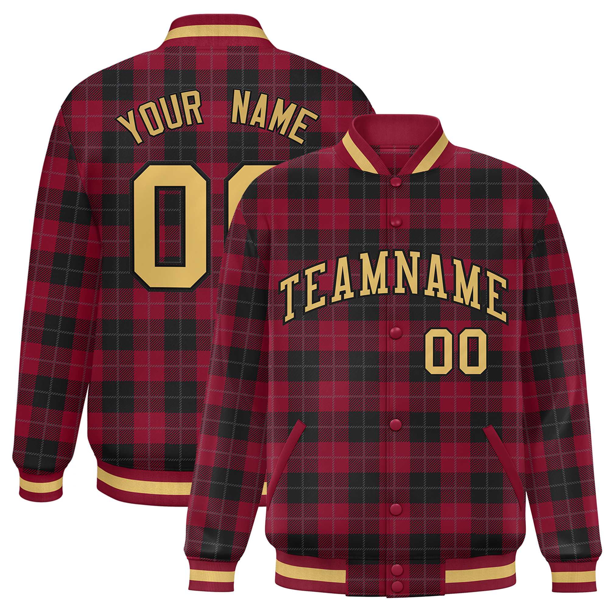 Custom Red Black Varsity Full-Snap Plaid Pattern Letterman Baseball Jacket