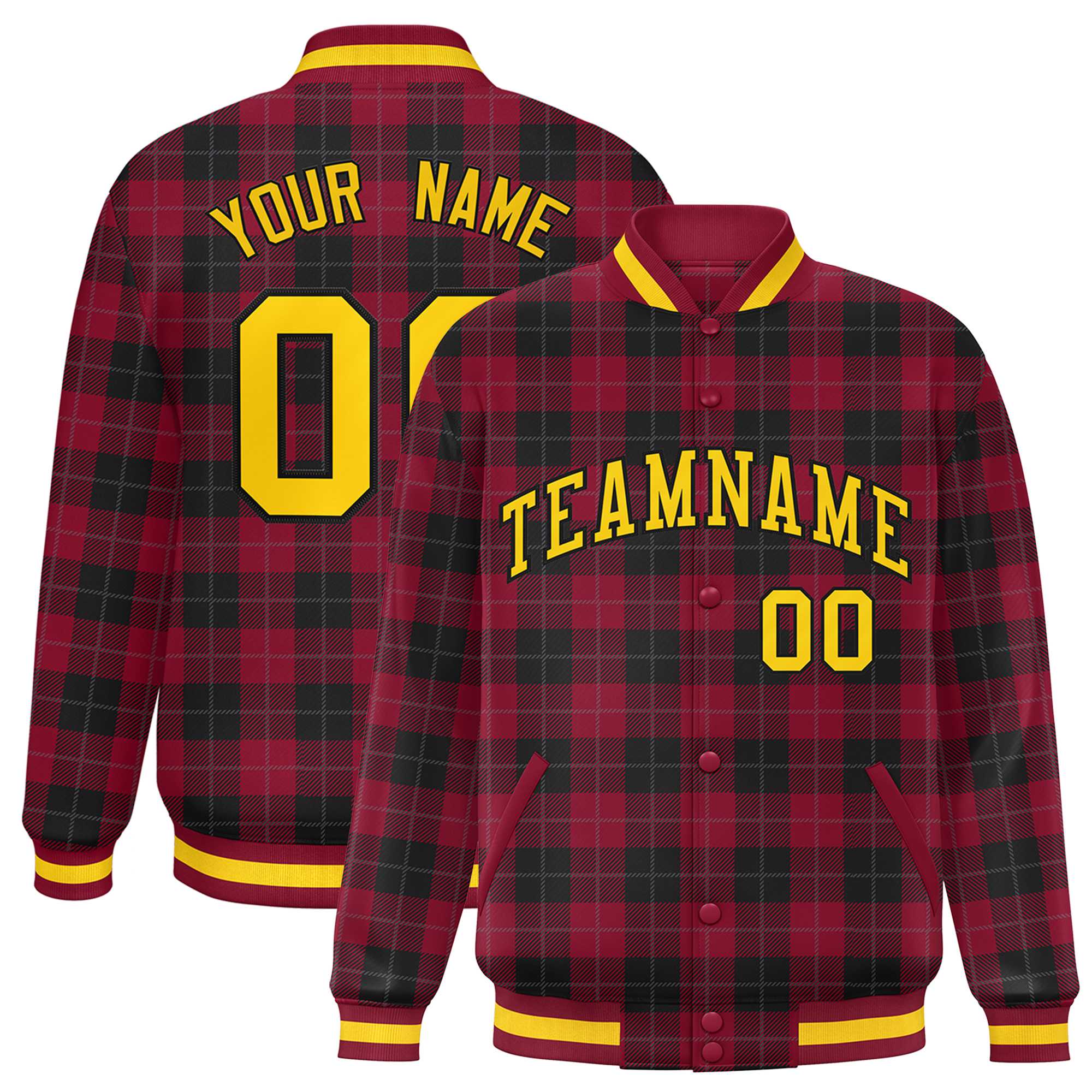 Custom Red Black Varsity Full-Snap Plaid Pattern Letterman Baseball Jacket