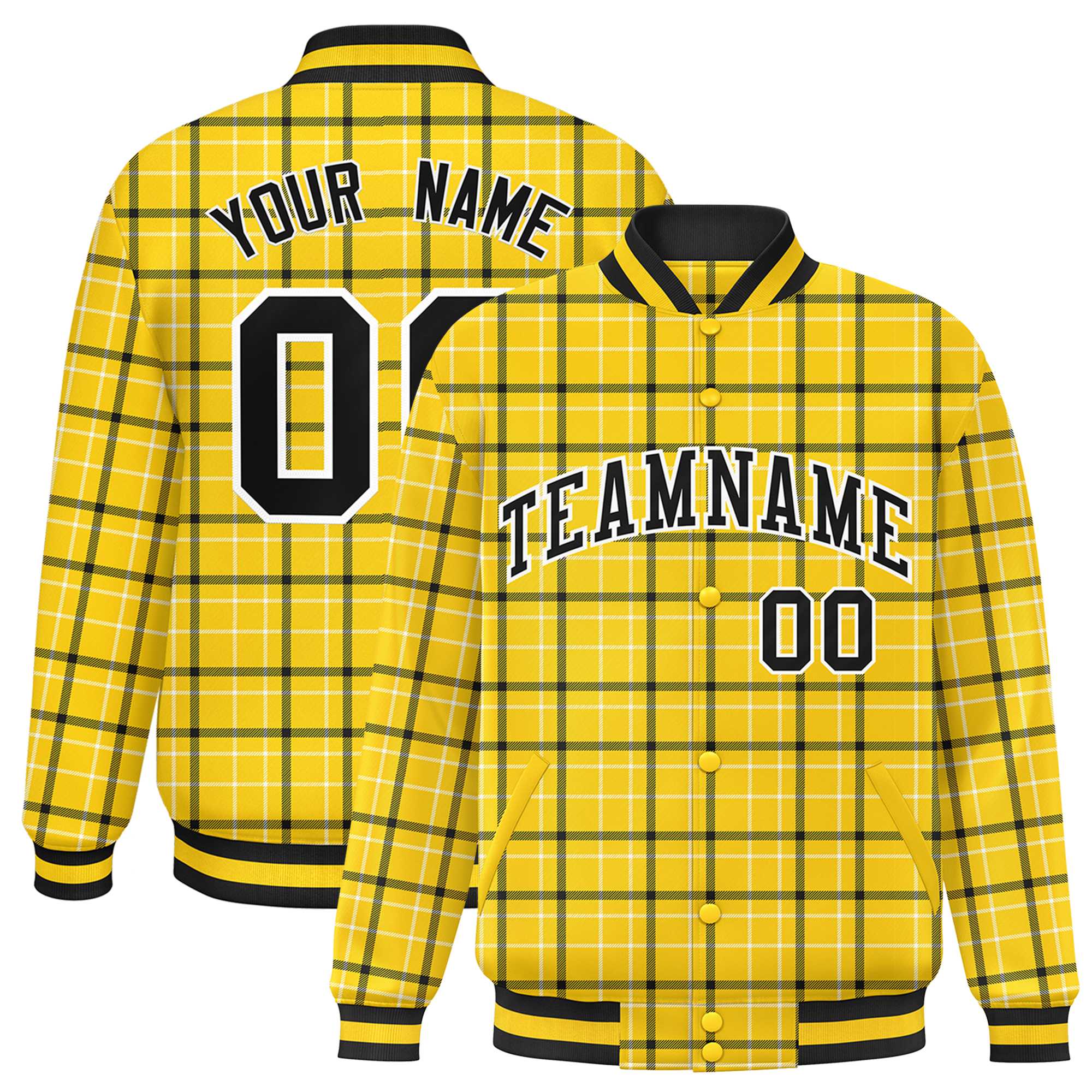 Custom Yellow Varsity Full-Snap Plaid Pattern Letterman Baseball Jacket