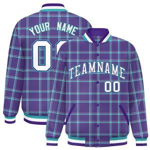 Custom Purple Varsity Full-Snap Plaid Pattern Letterman Baseball Jacket