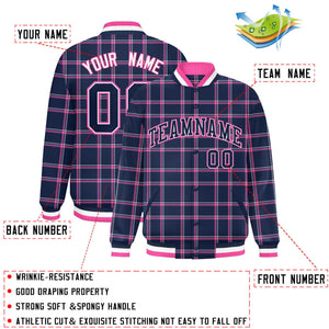 Custom Navy Varsity Full-Snap Plaid Pattern Letterman Baseball Jacket