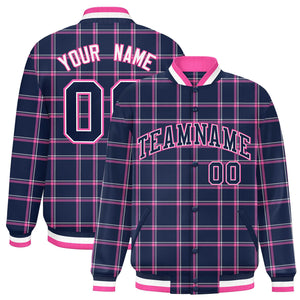 Custom Navy Varsity Full-Snap Plaid Pattern Letterman Baseball Jacket