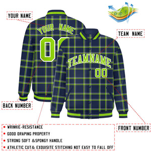 Custom Navy Varsity Full-Snap Plaid Pattern Letterman Baseball Jacket