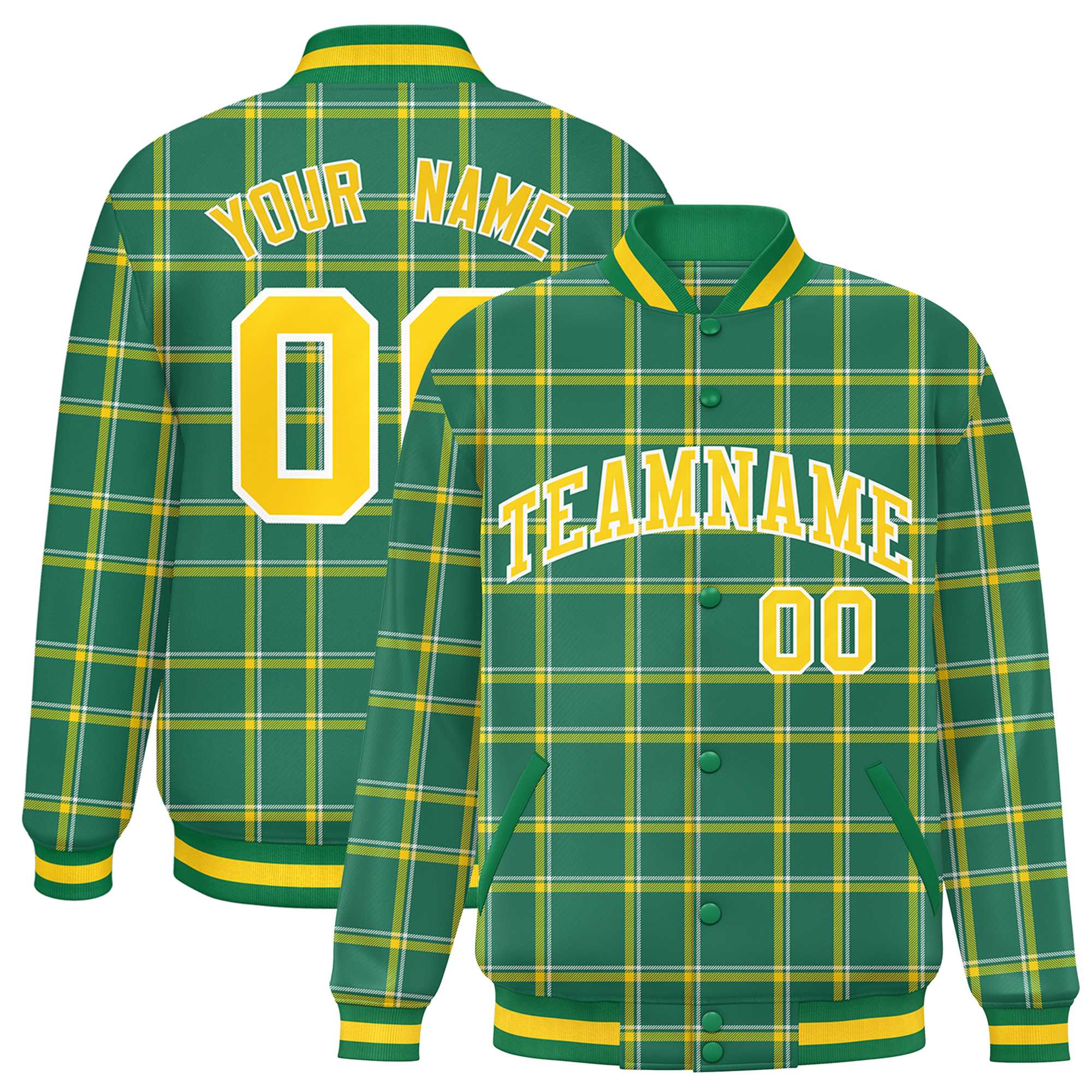 Custom Kelly Green Varsity Full-Snap Plaid Pattern Letterman Baseball Jacket