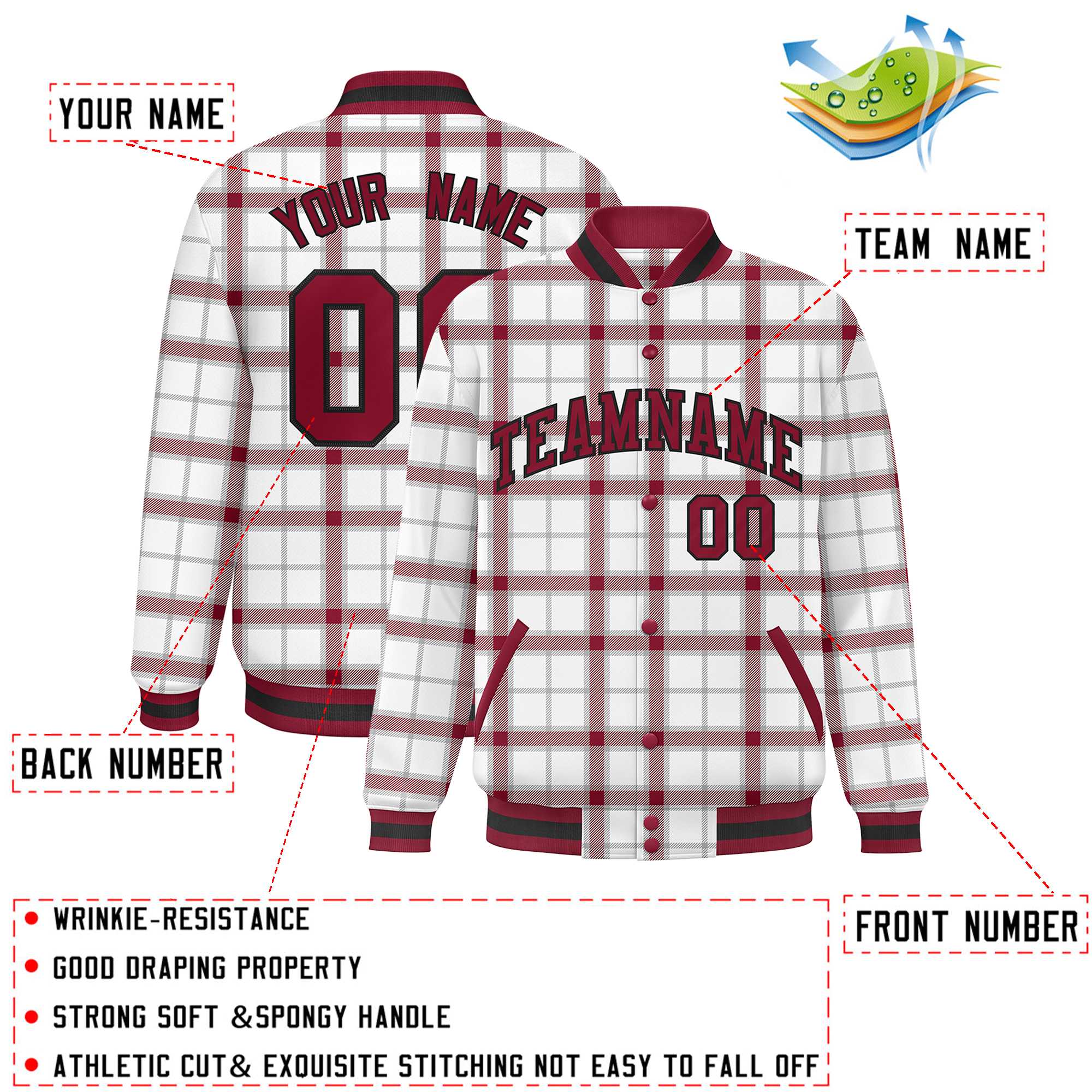 Custom White Varsity Full-Snap Plaid Pattern Letterman Baseball Jacket