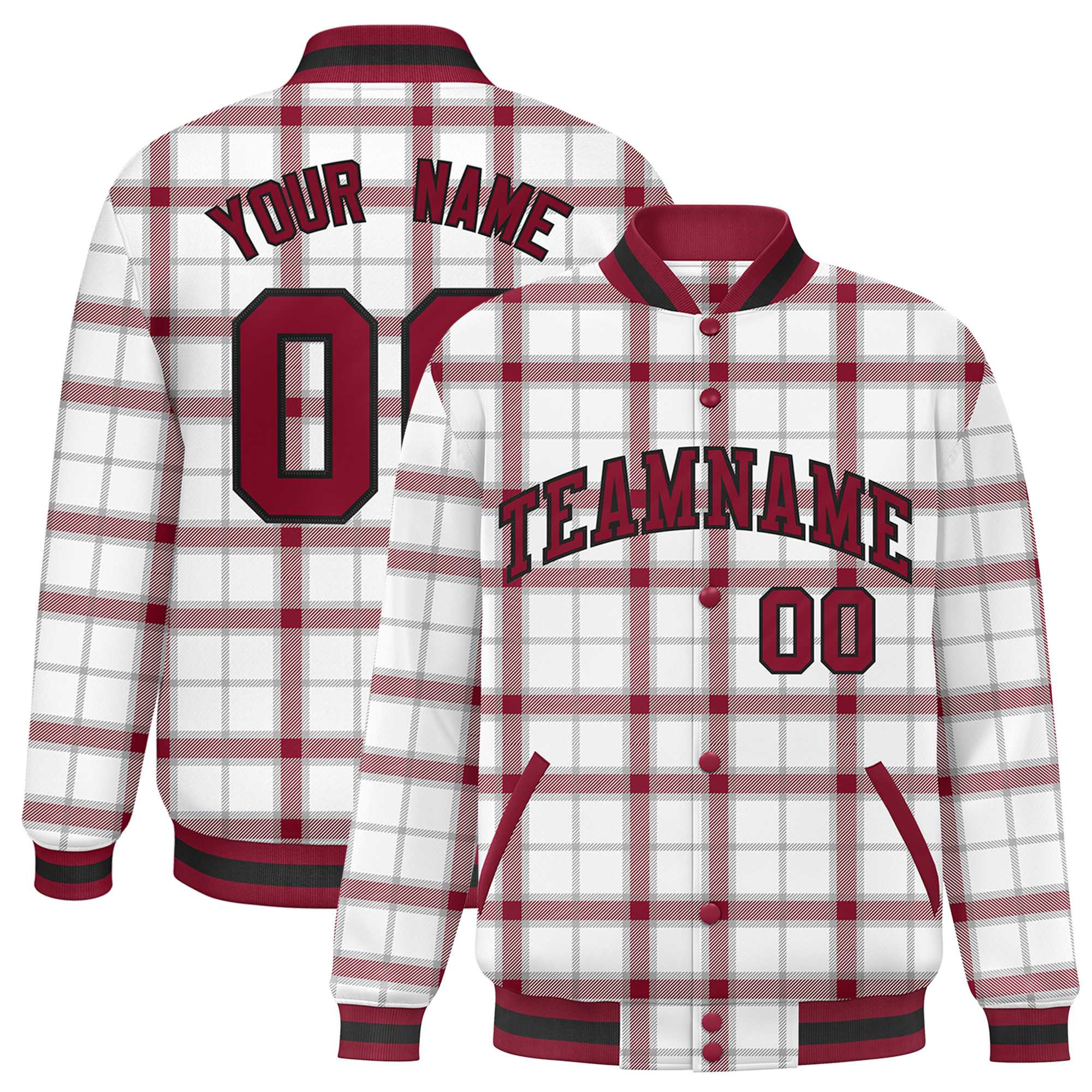 Custom White Varsity Full-Snap Plaid Pattern Letterman Baseball Jacket