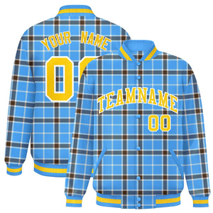 Custom Powder Blue Varsity Full-Snap Plaid Pattern Letterman Baseball Jacket