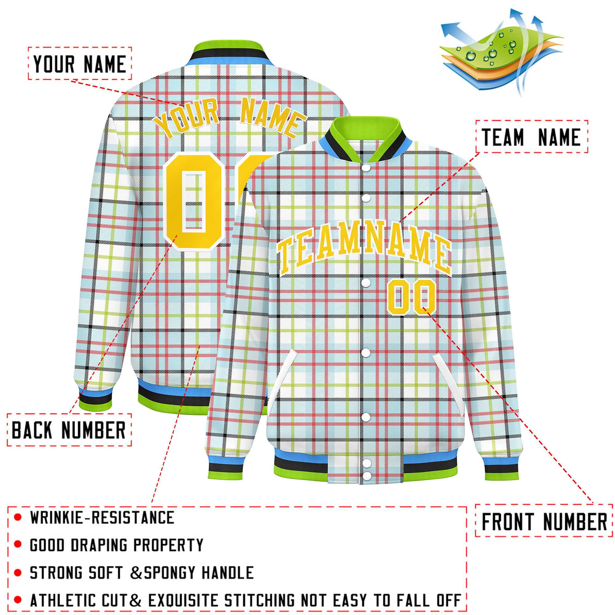 Custom Multi Color Varsity Full-Snap Plaid Pattern Letterman Baseball Jacket