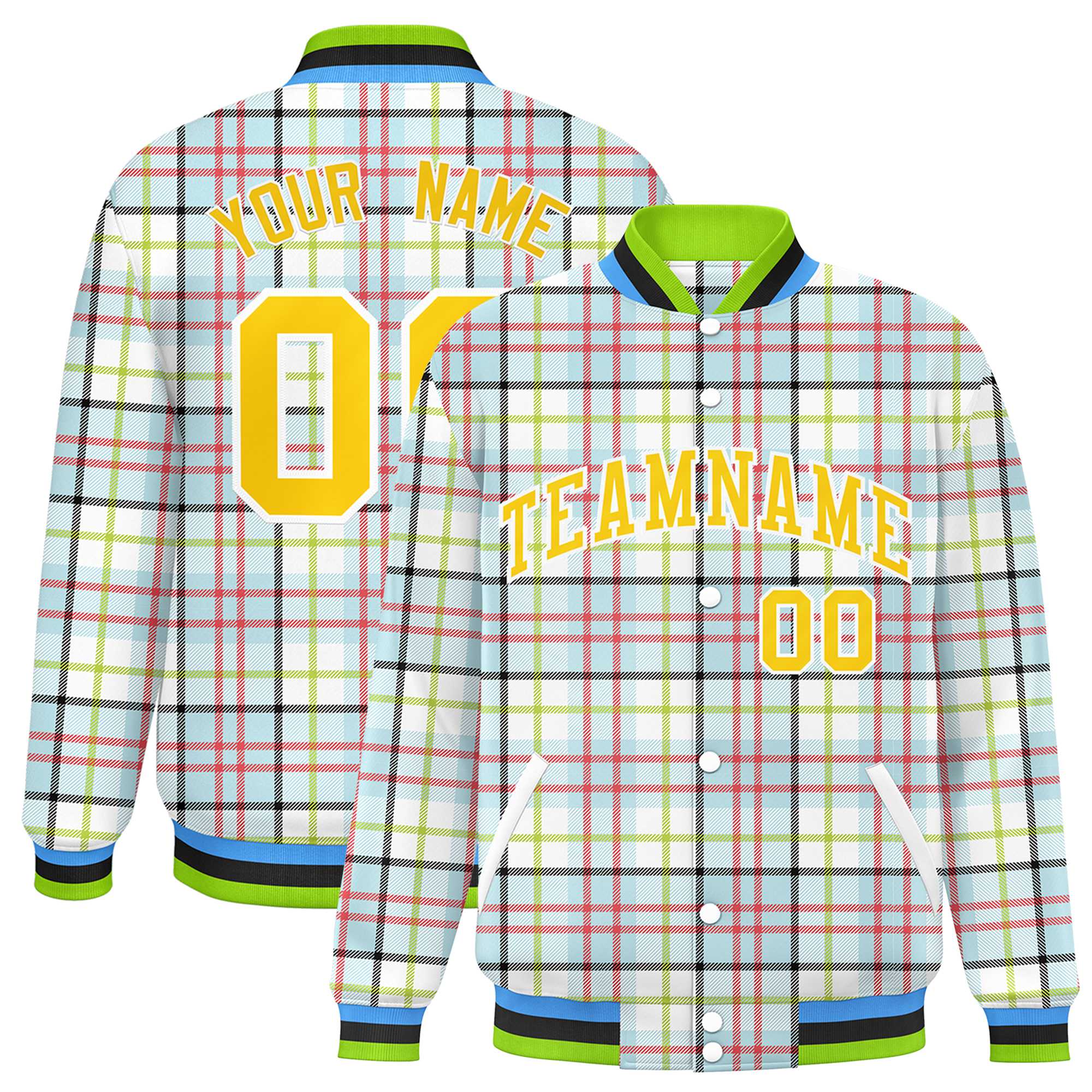 Custom Multi Color Varsity Full-Snap Plaid Pattern Letterman Baseball Jacket