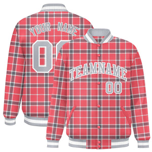 Custom Red Varsity Full-Snap Plaid Pattern Letterman Baseball Jacket