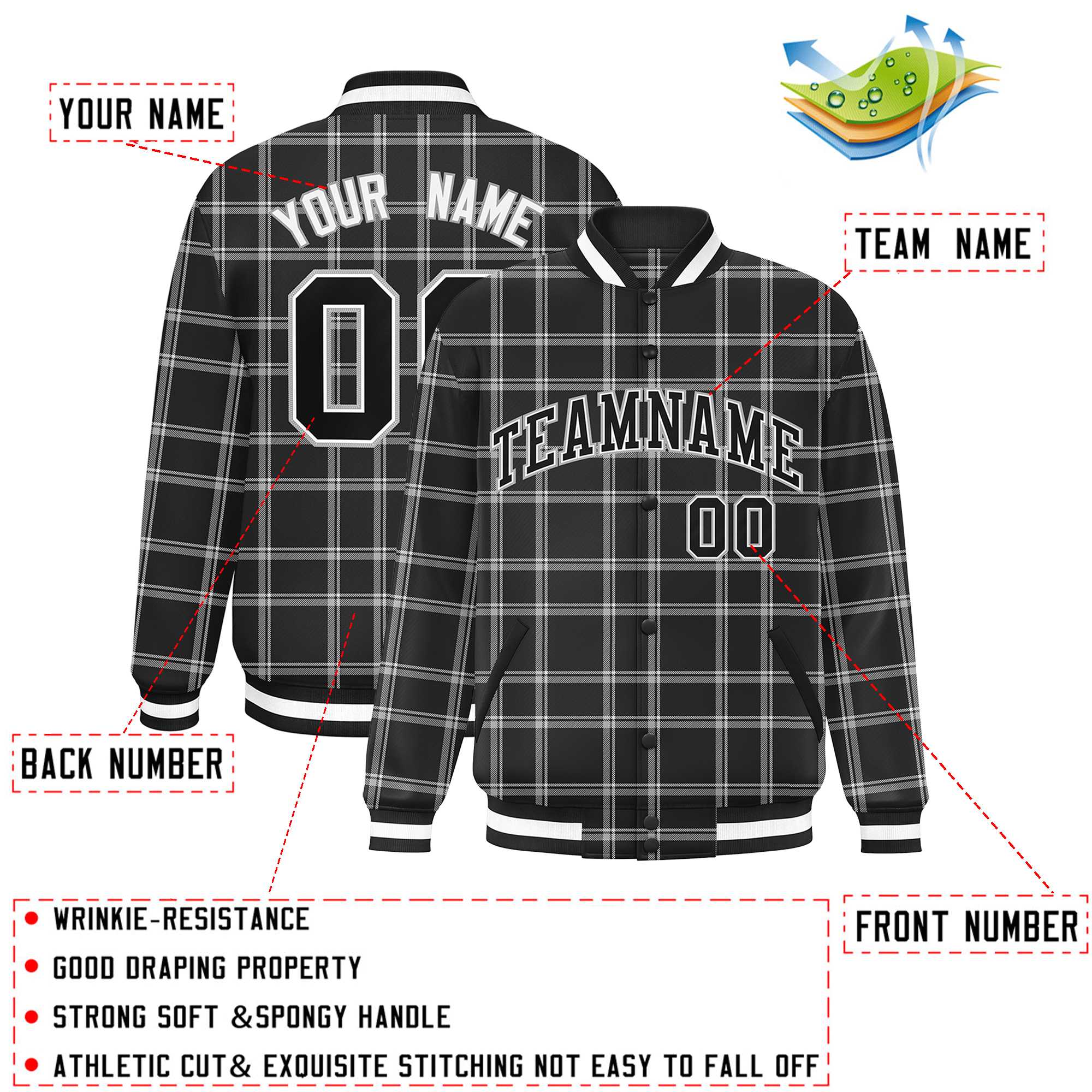 Custom Black Gray Varsity Full-Snap Plaid Pattern Letterman Baseball Jacket