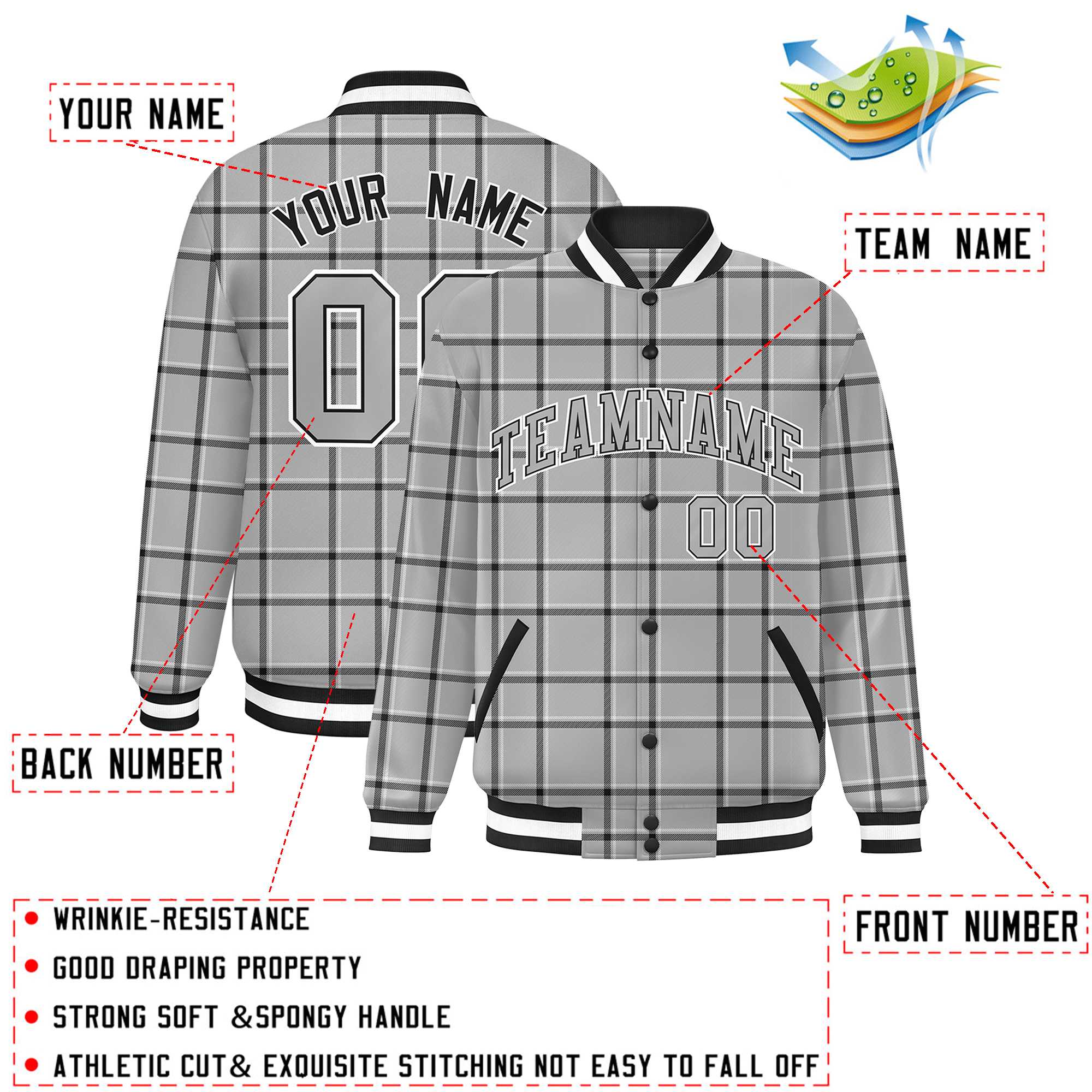 Custom Gray Black Varsity Full-Snap Plaid Pattern Letterman Baseball Jacket