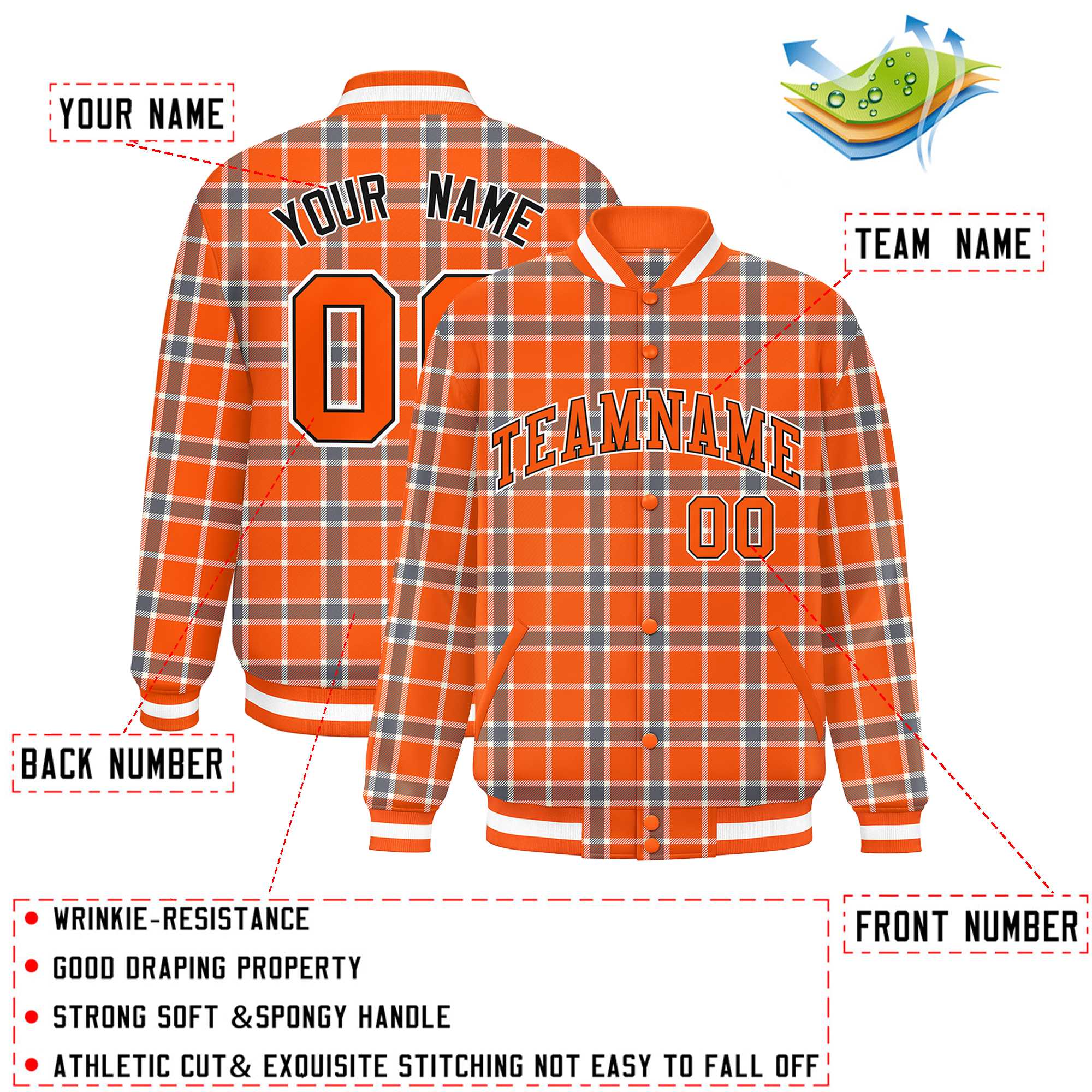 Custom Orange Varsity Full-Snap Plaid Pattern Letterman Baseball Jacket