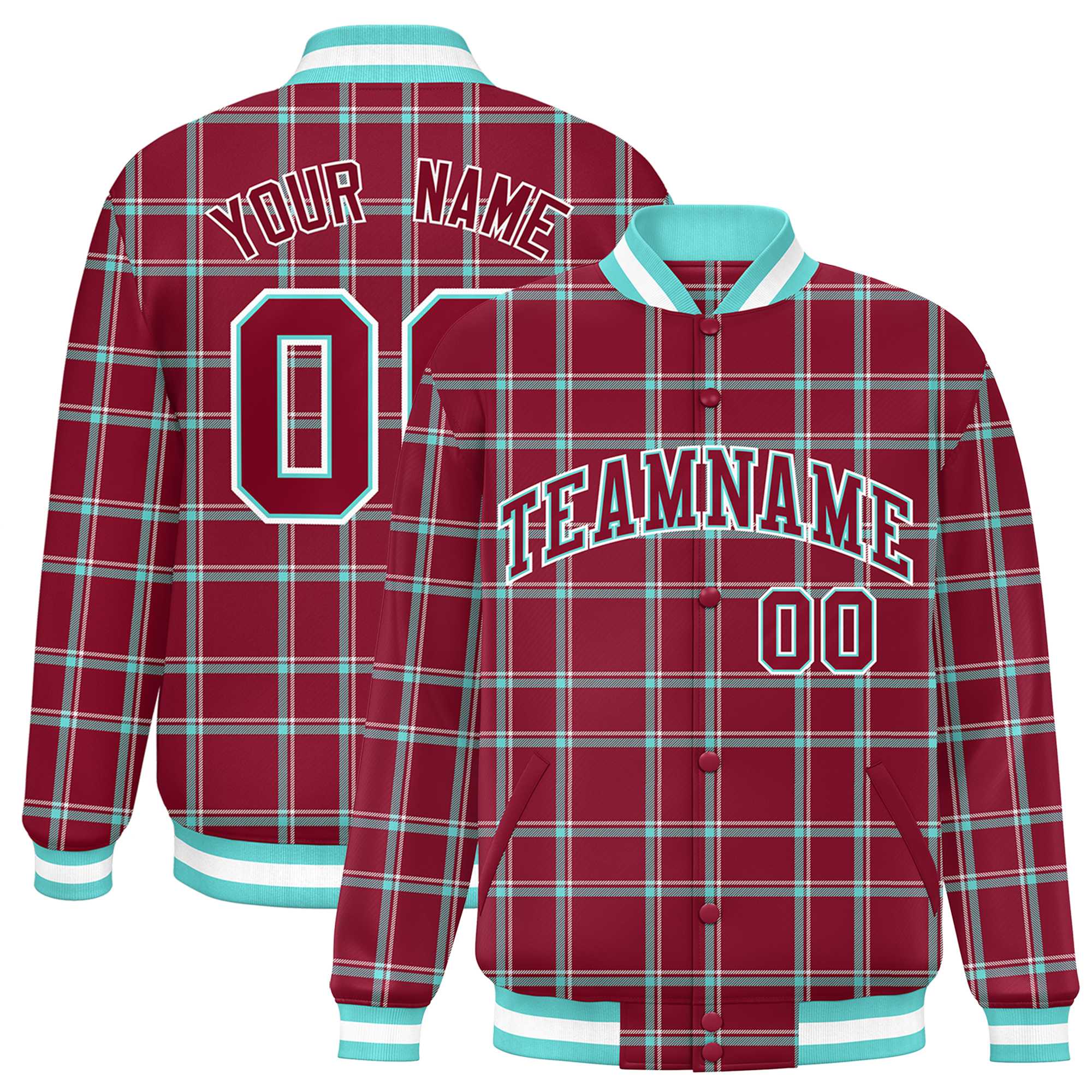 Custom Crimson Varsity Full-Snap Plaid Pattern Letterman Baseball Jacket