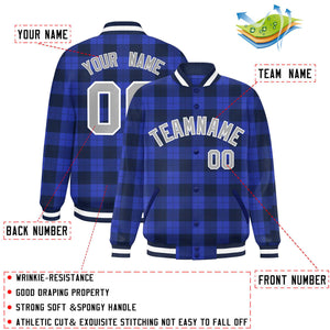 Custom Royal Navy Varsity Full-Snap Plaid Pattern Letterman Baseball Jacket