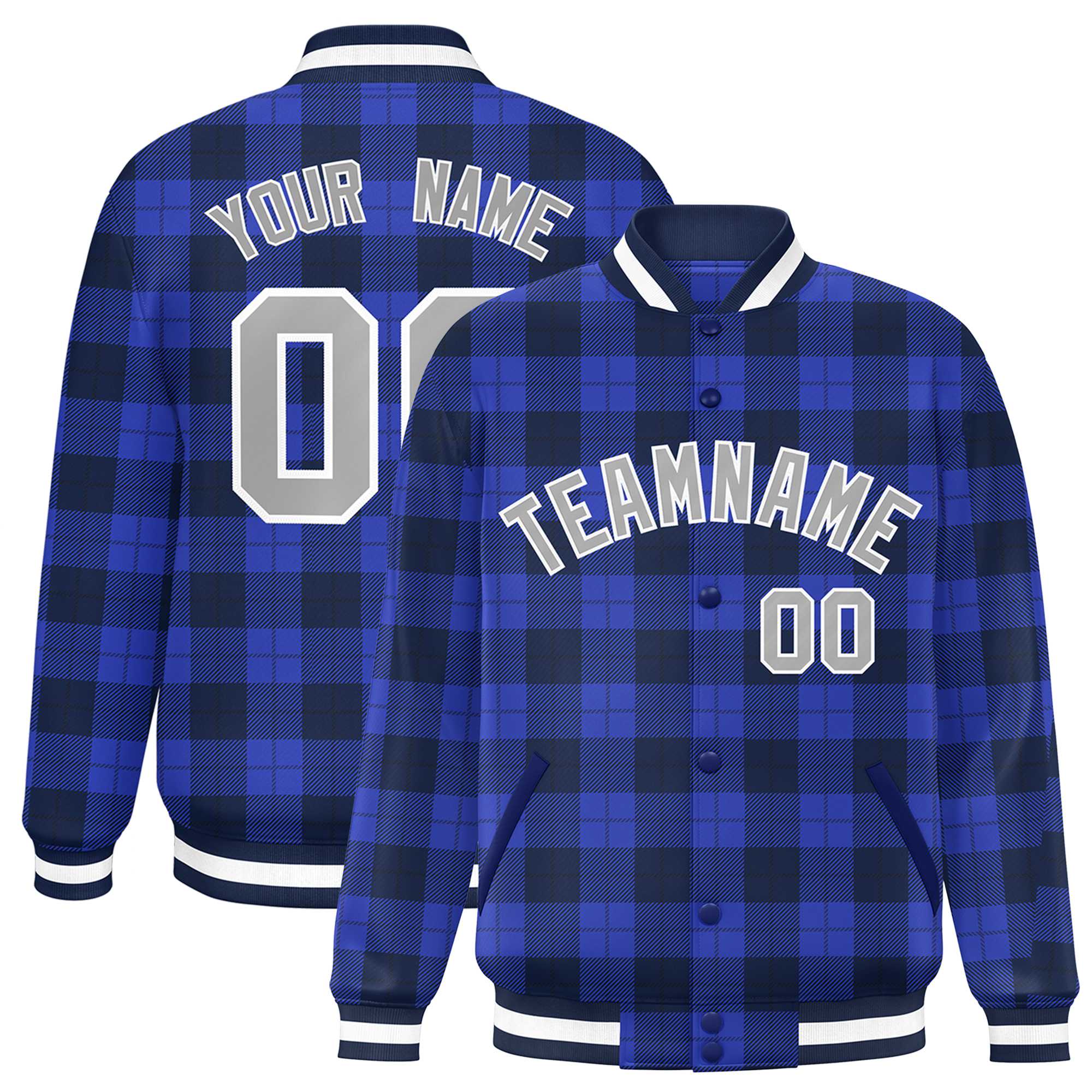 Custom Royal Navy Varsity Full-Snap Plaid Pattern Letterman Baseball Jacket