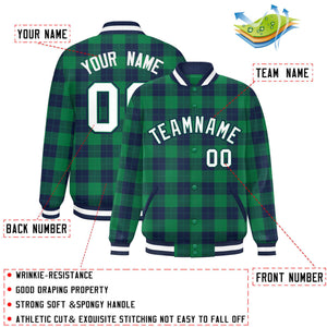 Custom Green Navy Varsity Full-Snap Plaid Pattern Letterman Baseball Jacket