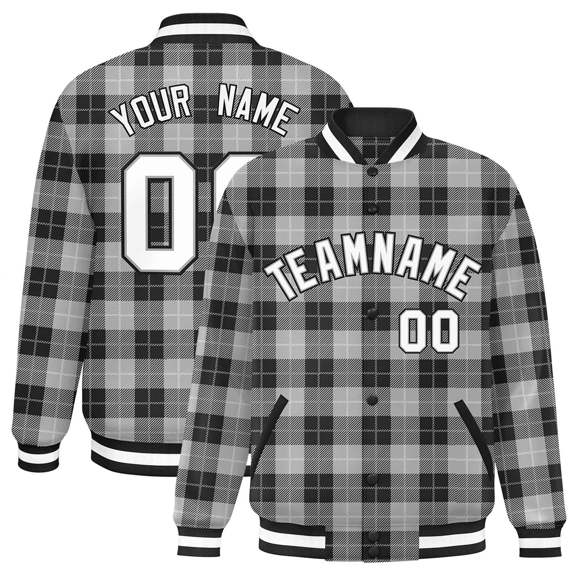 Custom Gray Black Varsity Full-Snap Plaid Pattern Letterman Baseball Jacket