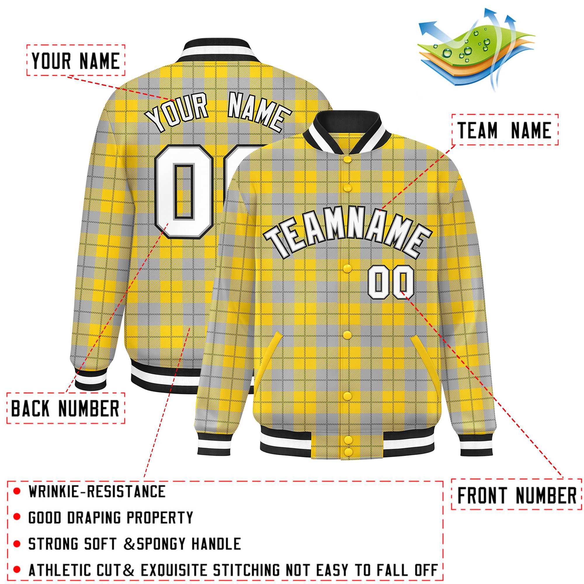 Custom Gold Gray Varsity Full-Snap Plaid Pattern Letterman Baseball Jacket