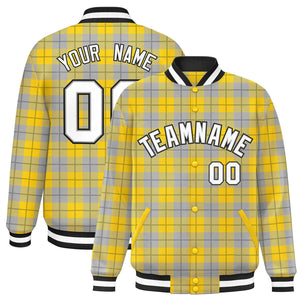 Custom Gold Gray Varsity Full-Snap Plaid Pattern Letterman Baseball Jacket