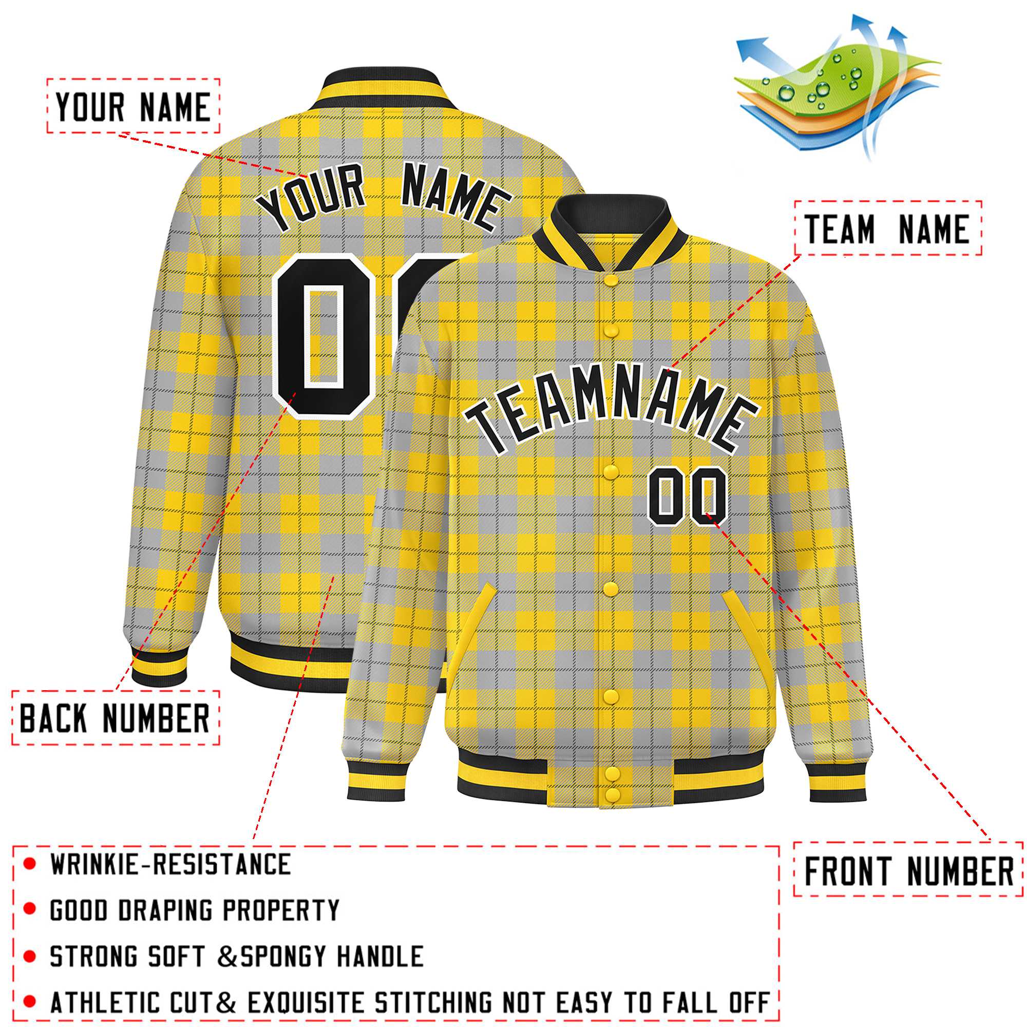 Custom Gold Gray Varsity Full-Snap Plaid Pattern Letterman Baseball Jacket