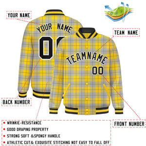 Custom Gold Gray Varsity Full-Snap Plaid Pattern Letterman Baseball Jacket