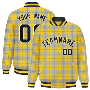 Custom Gold Gray Varsity Full-Snap Plaid Pattern Letterman Baseball Jacket