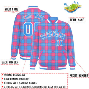 Custom Powder Blue Pink Varsity Full-Snap Plaid Pattern Letterman Baseball Jacket