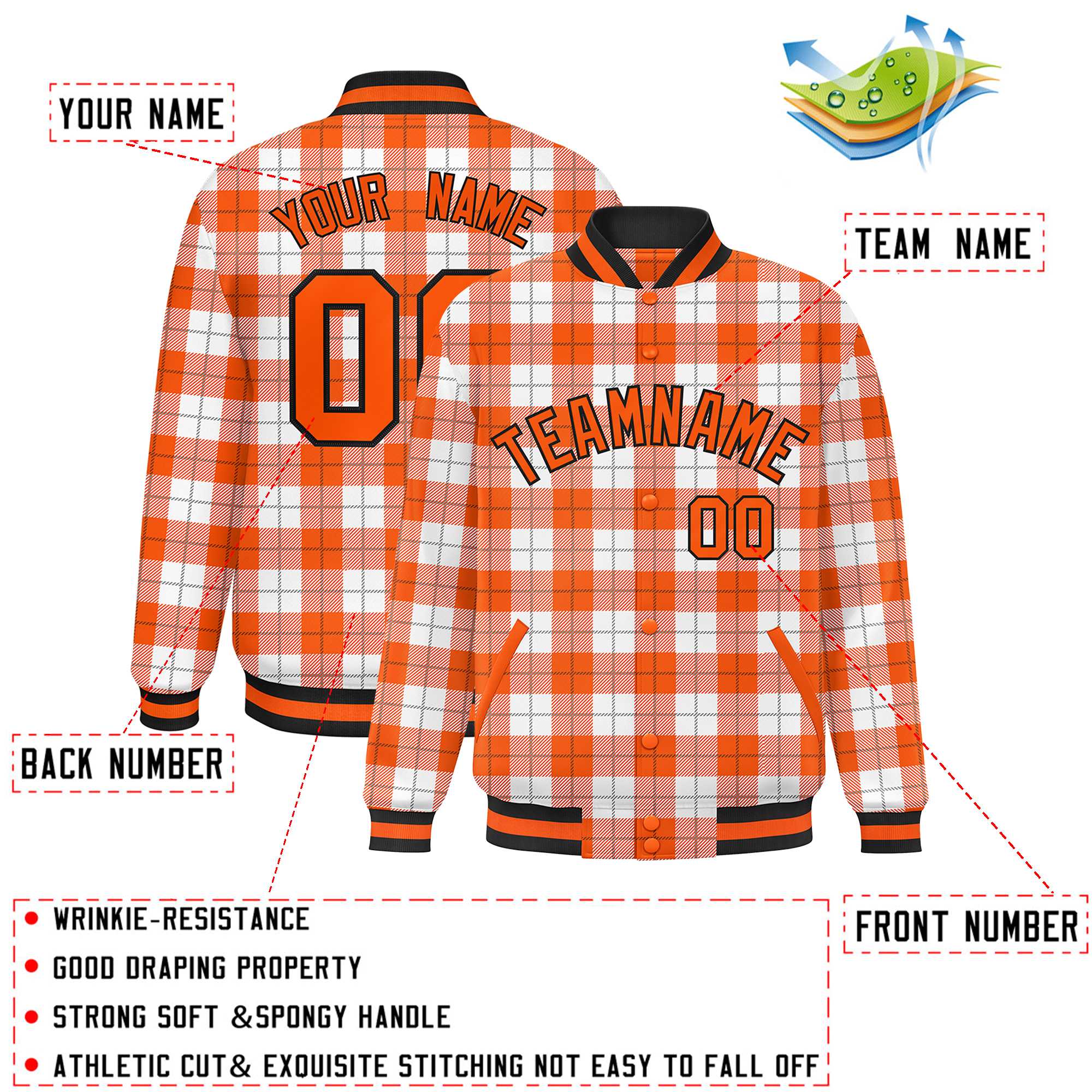 Custom Orange White Varsity Full-Snap Plaid Pattern Letterman Baseball Jacket