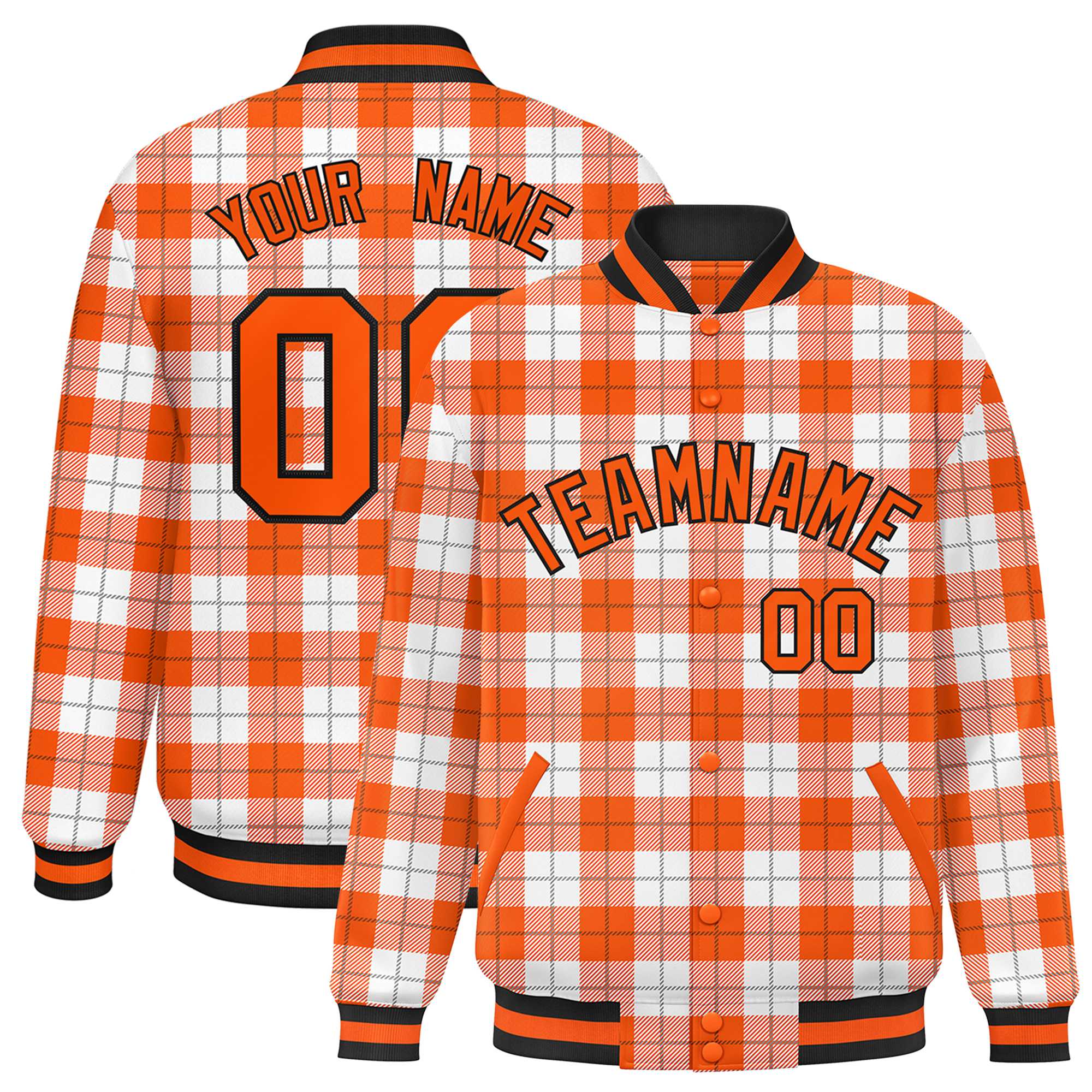 Custom Orange White Varsity Full-Snap Plaid Pattern Letterman Baseball Jacket