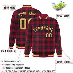 Custom Red Black Varsity Full-Snap Plaid Pattern Letterman Baseball Jacket