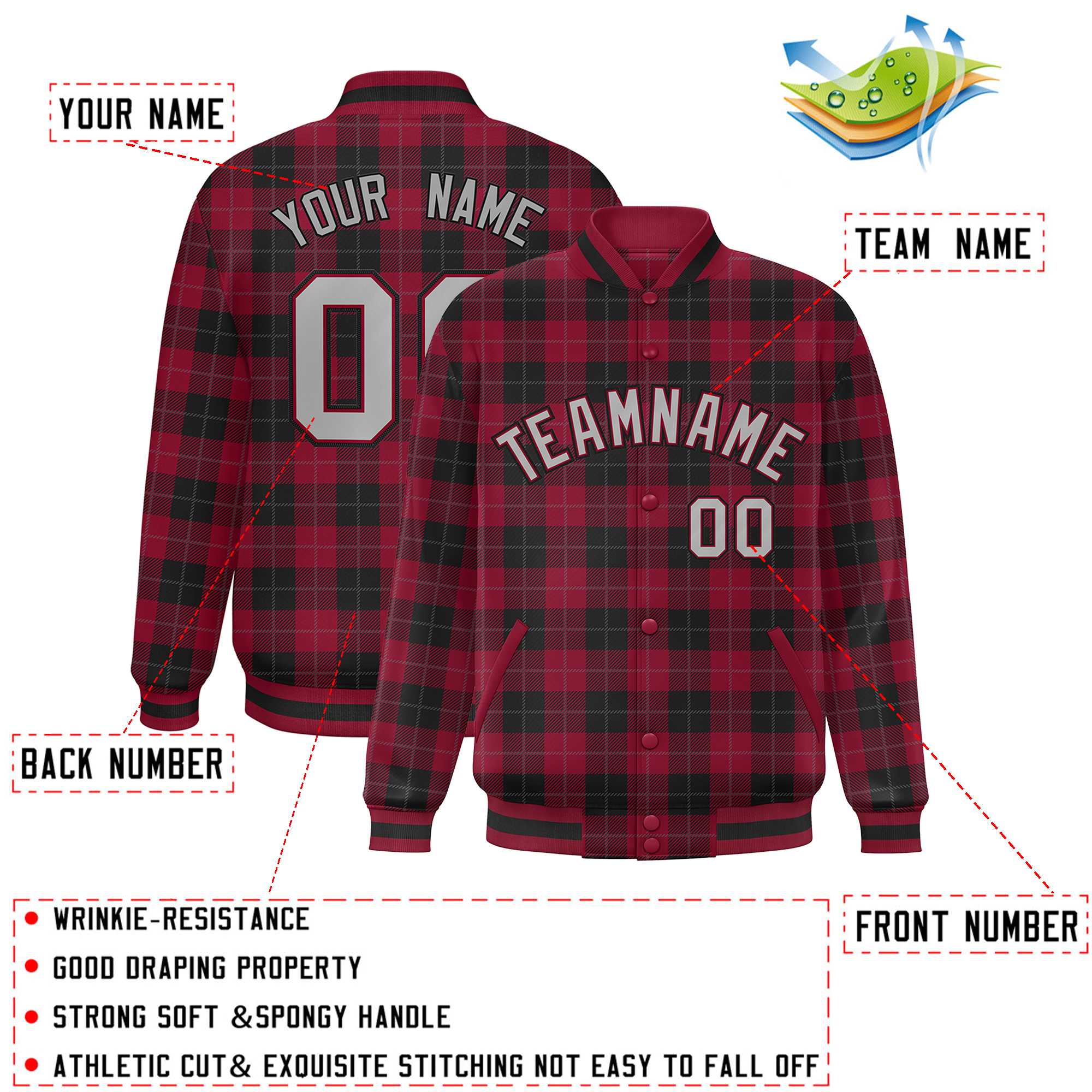 Custom Red Black Varsity Full-Snap Plaid Pattern Letterman Baseball Jacket