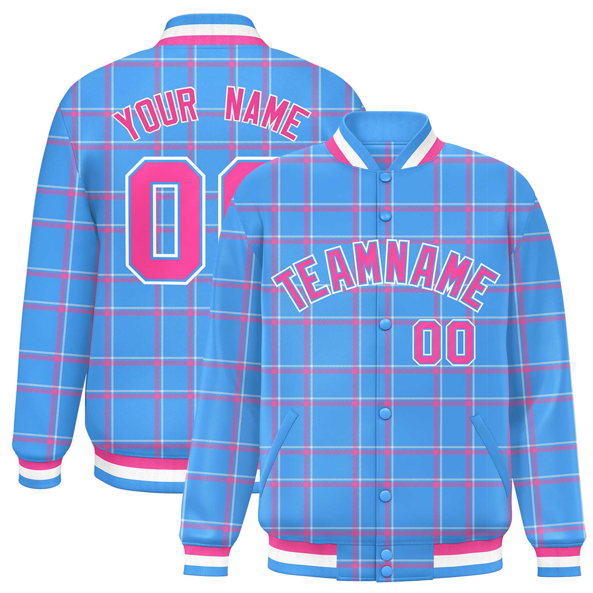 Custom Powder Blue Varsity Full-Snap Plaid Pattern Letterman Baseball Jacket