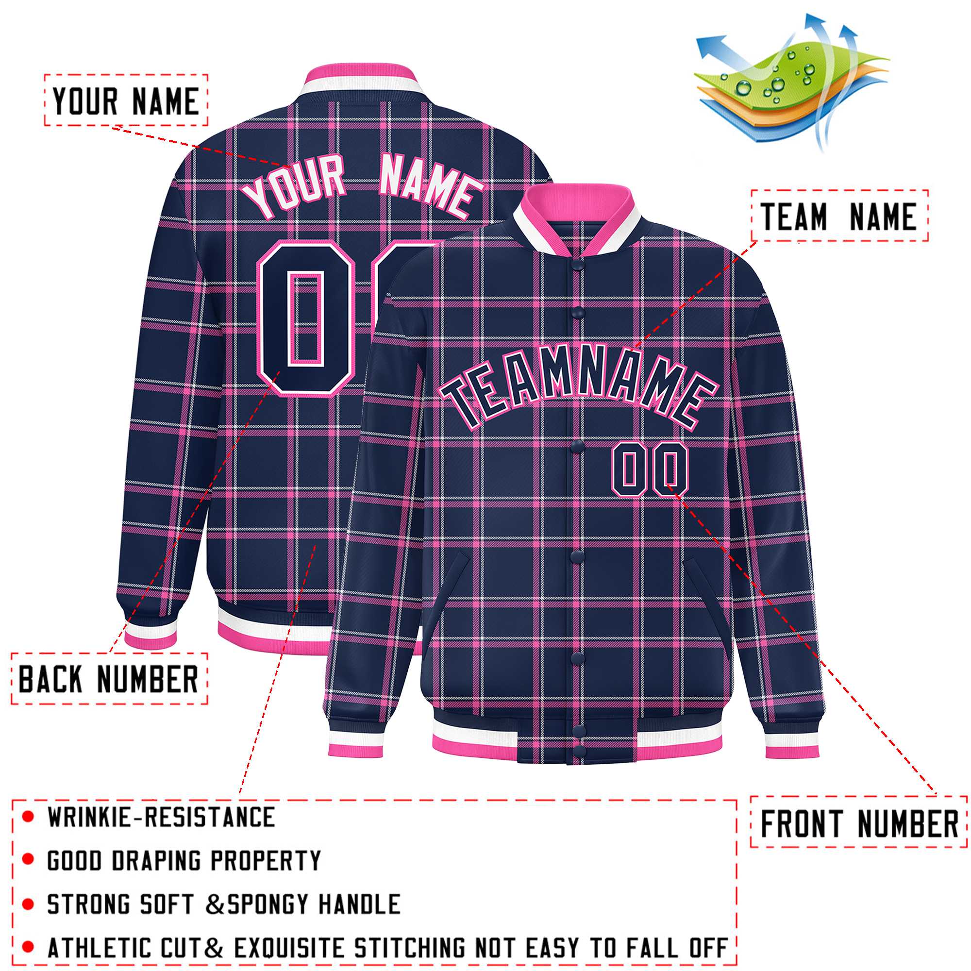 Custom Navy Varsity Full-Snap Plaid Pattern Letterman Baseball Jacket