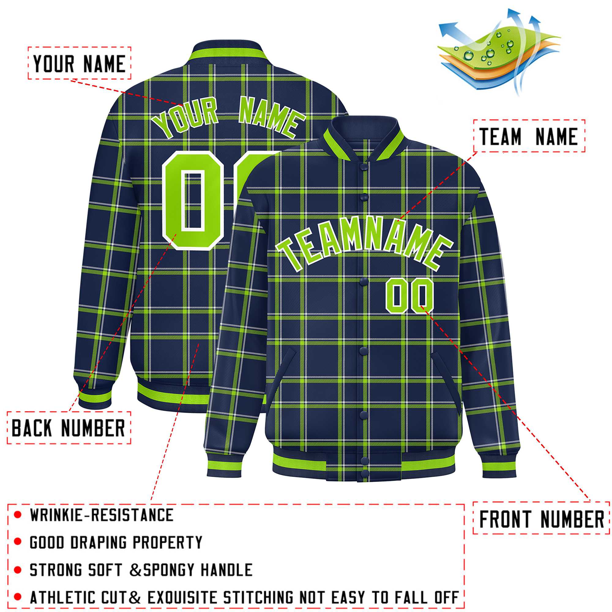 Custom Navy Varsity Full-Snap Plaid Pattern Letterman Baseball Jacket