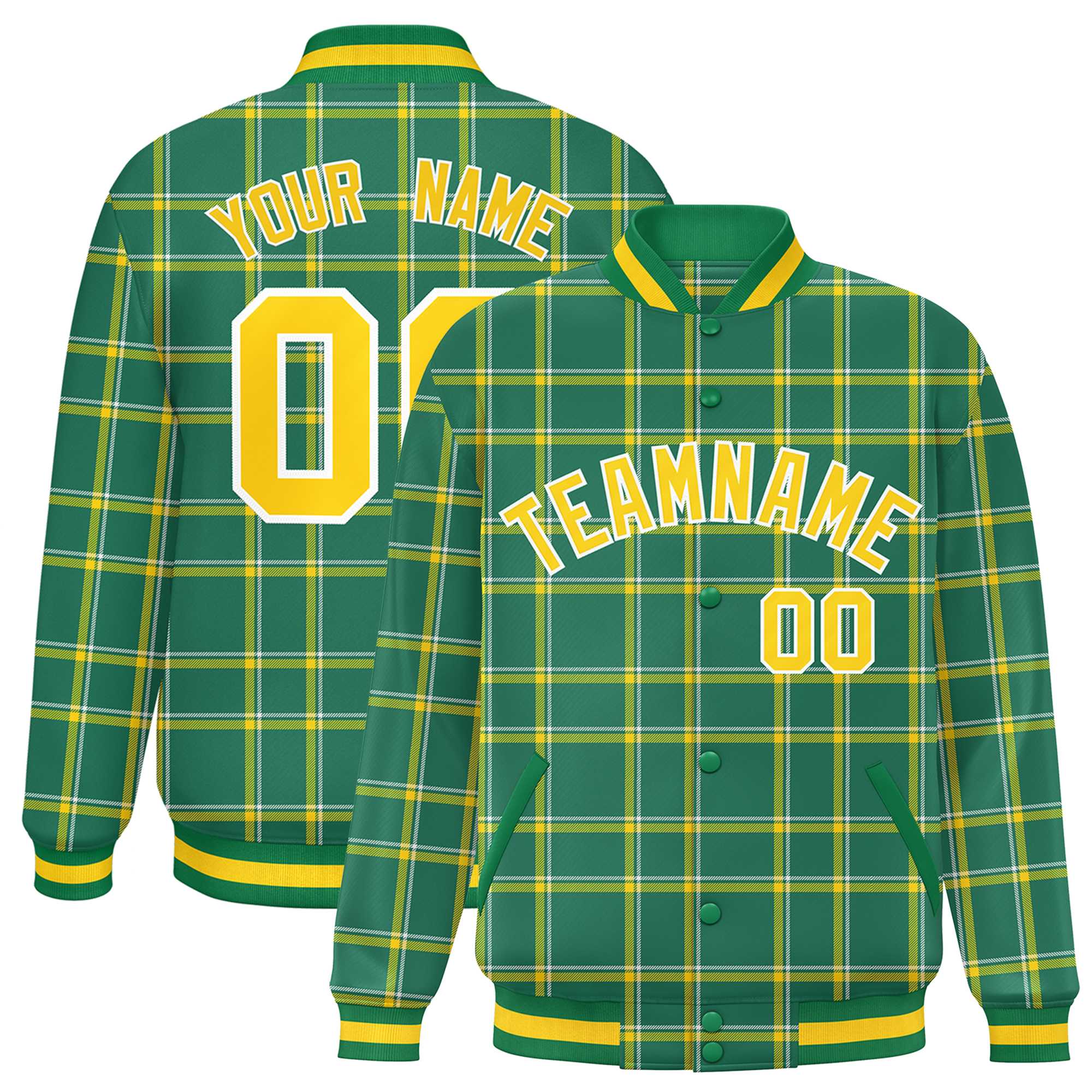 Custom Kelly Green Varsity Full-Snap Plaid Pattern Letterman Baseball Jacket