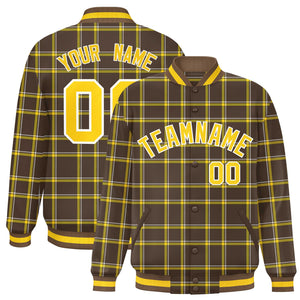 Custom Brown Varsity Full-Snap Plaid Pattern Letterman Baseball Jacket