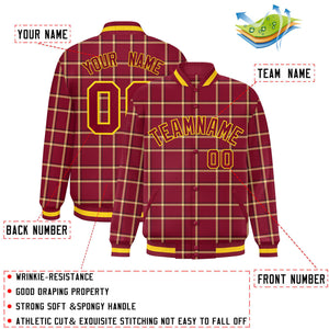 Custom Crimson Varsity Full-Snap Plaid Pattern Letterman Baseball Jacket