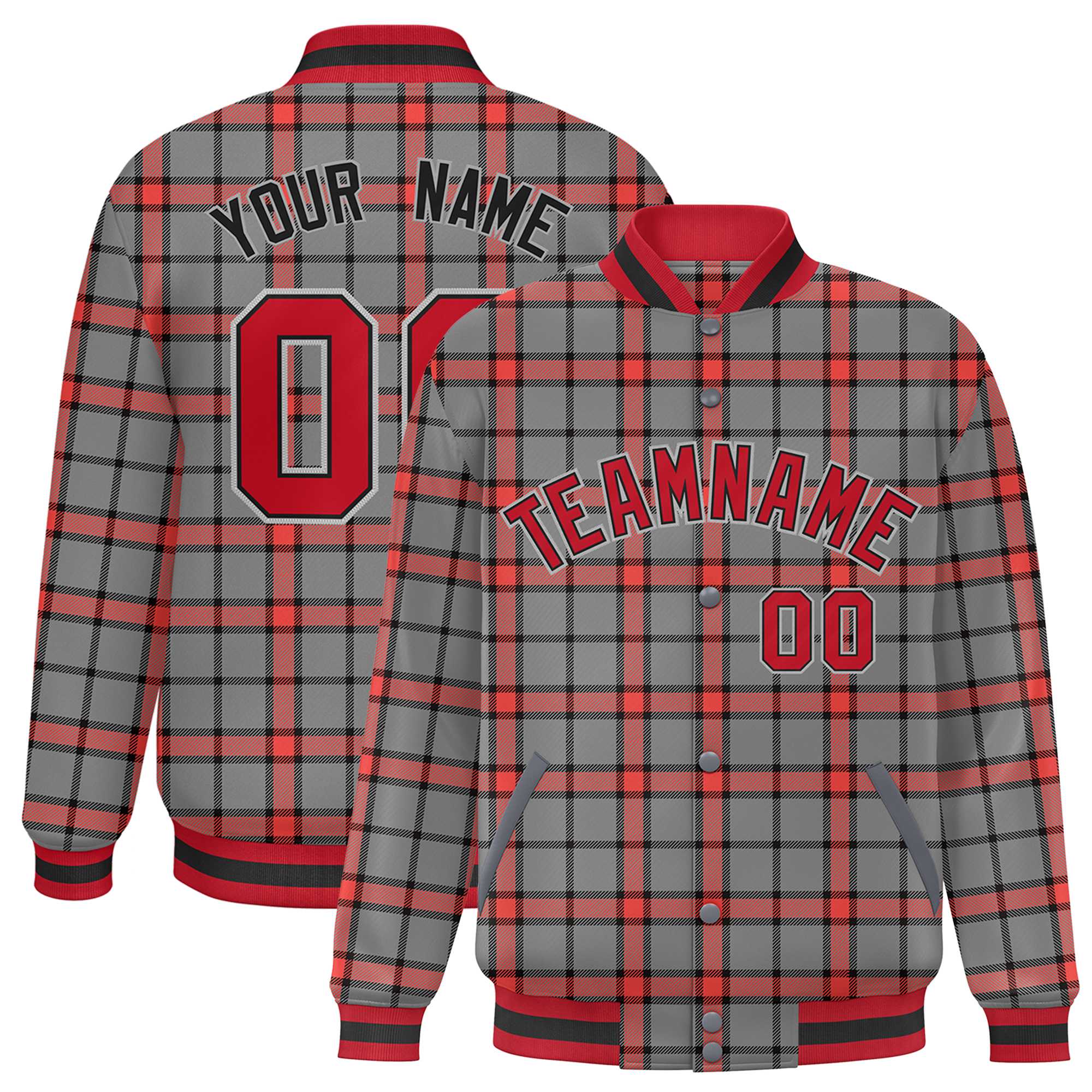 Custom Gray Varsity Full-Snap Plaid Pattern Letterman Baseball Jacket