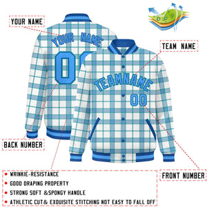 Custom White Aqua Varsity Full-Snap Plaid Pattern Letterman Baseball Jacket