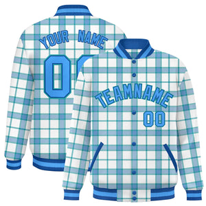 Custom White Aqua Varsity Full-Snap Plaid Pattern Letterman Baseball Jacket