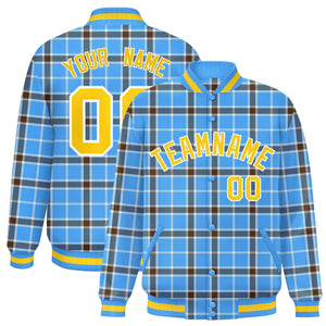 Custom Powder Blue Varsity Full-Snap Plaid Pattern Letterman Baseball Jacket