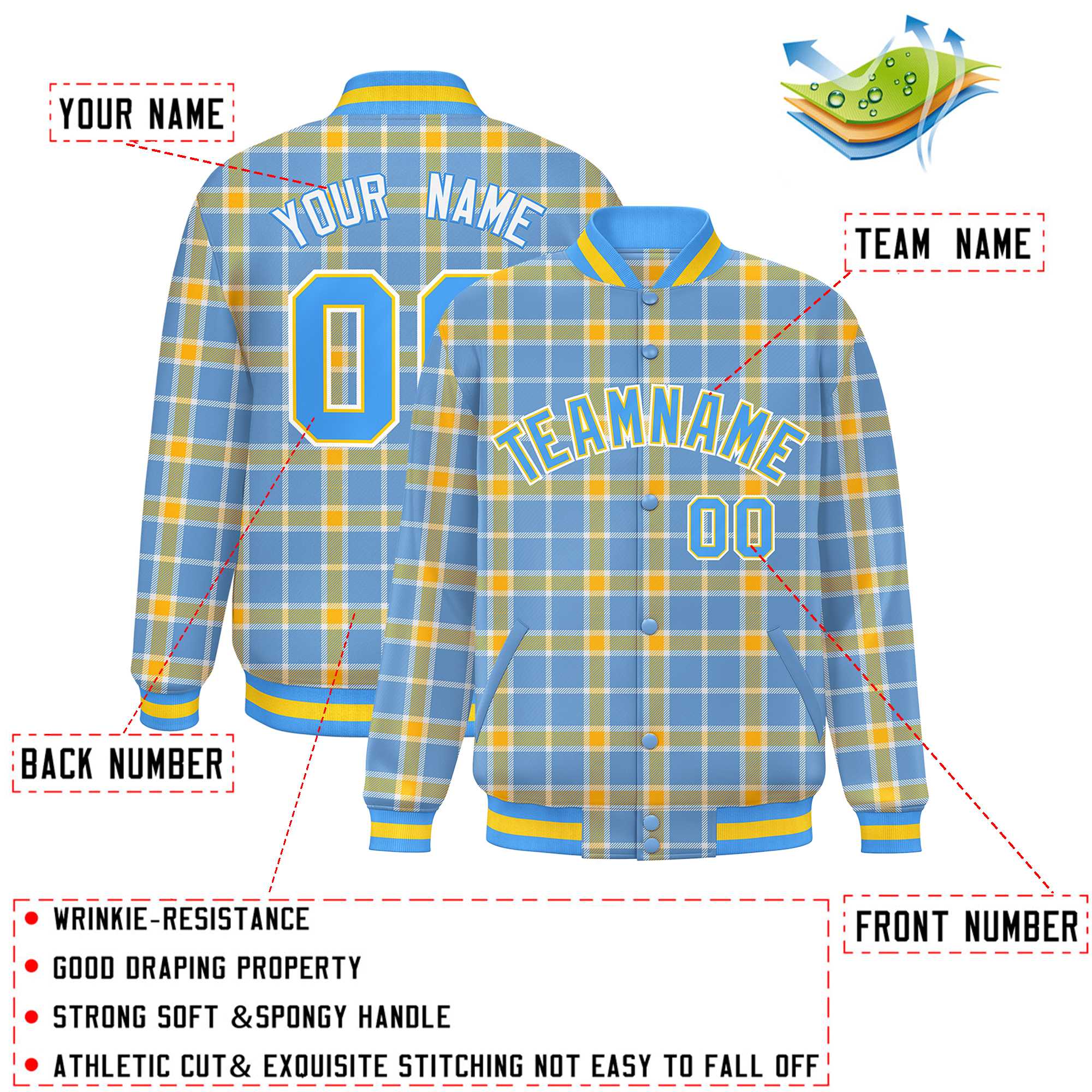 Custom Light Blue Yellow Varsity Full-Snap Plaid Pattern Letterman Baseball Jacket