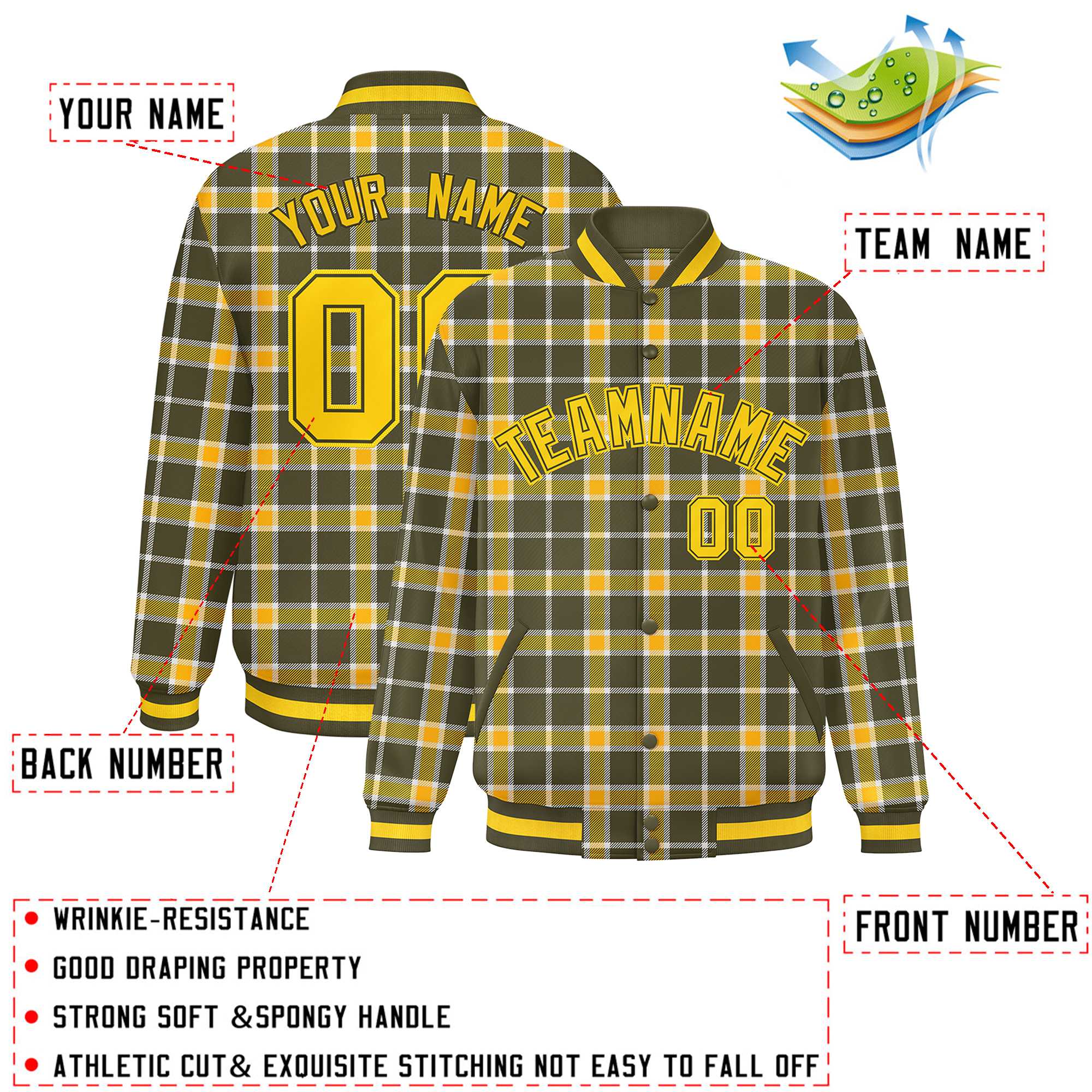 Custom Yellow Olive Varsity Full-Snap Plaid Pattern Letterman Baseball Jacket