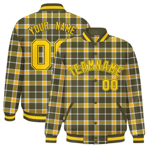 Custom Yellow Olive Varsity Full-Snap Plaid Pattern Letterman Baseball Jacket