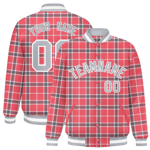 Custom Red Varsity Full-Snap Plaid Pattern Letterman Baseball Jacket